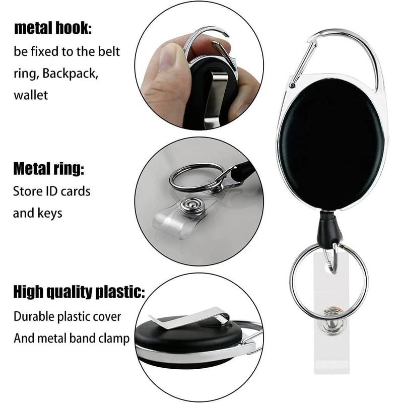 Steel Belt Clip Retractable Key Tool Reel Holder Heavy Duty Split Ring Chain 6