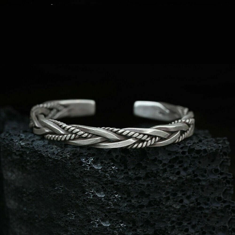Handmade Vintage Open Bangle Sterling Silver Thai Twisted Cuff Men Bracelet 3