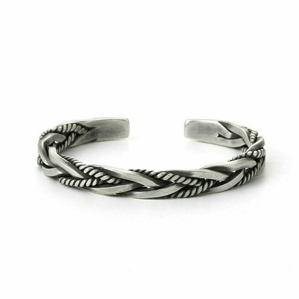 Handmade Vintage Open Bangle Sterling Silver Thai Twisted Cuff Men Bracelet 6