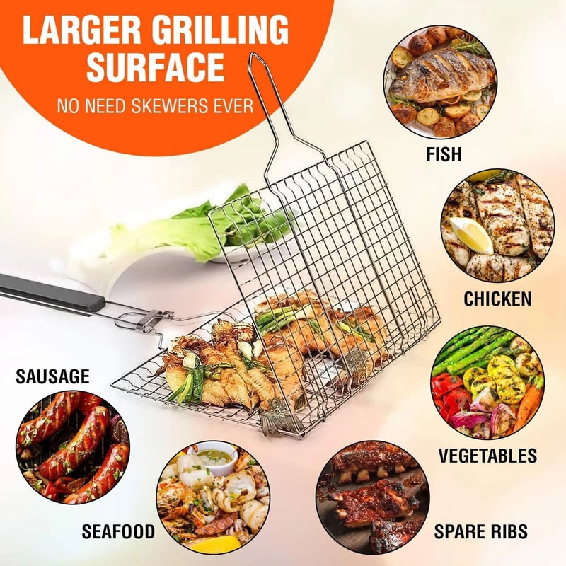 Grilling Basket Steak Meat Fish Grill BBQ Net Barbecue Vegetable Holder Tools 4