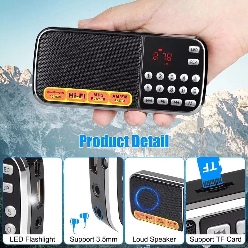 Rechargeable Portable Digital Radio AM FM MP3 Player TF Card With Flashlight 6