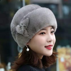 warm mink fur cap for women, floral basin earflap fisherman earwarmer hat