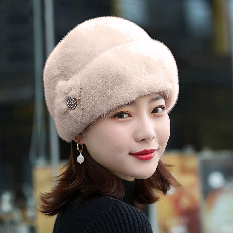 Warm Mink Fur Cap For Women Floral Basin Earflap Fisherman Earwarmer Hat 6