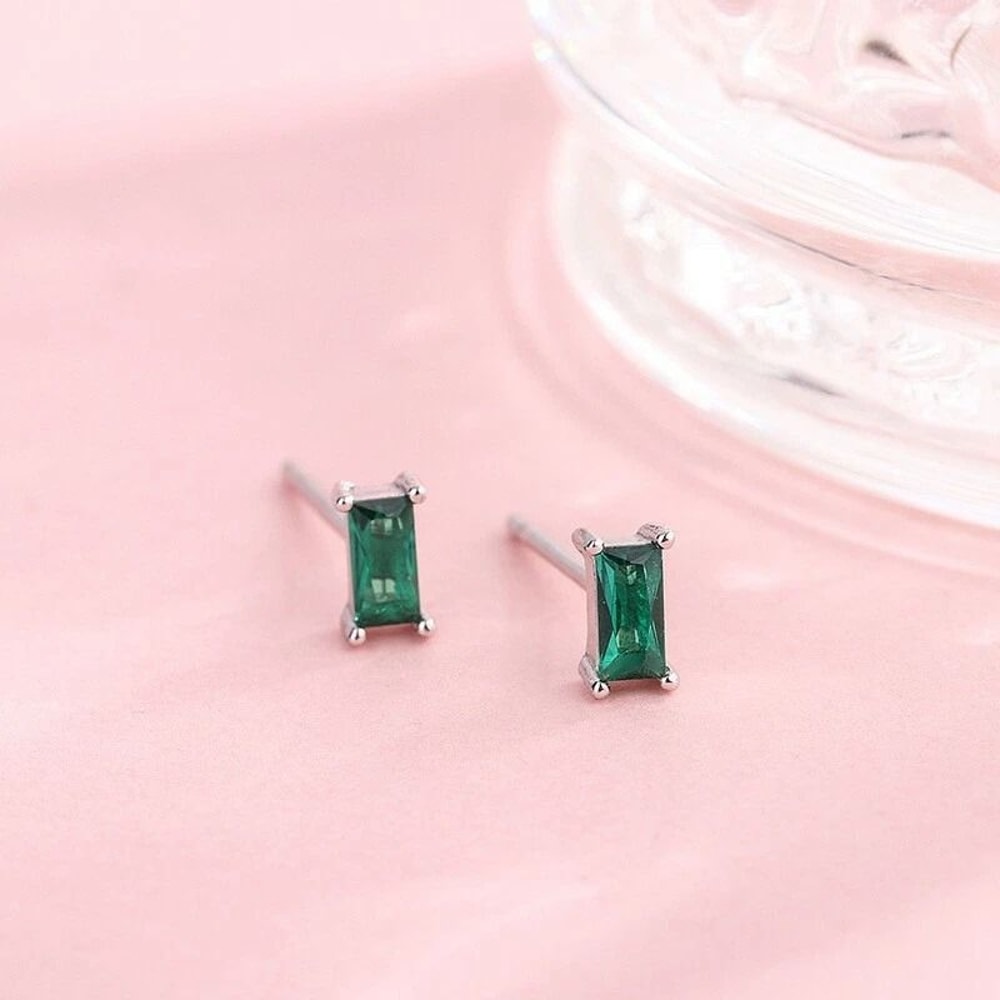 Retro Green Cubic Zirconia CZ Earrings Sterling Silver Studs For Women 0