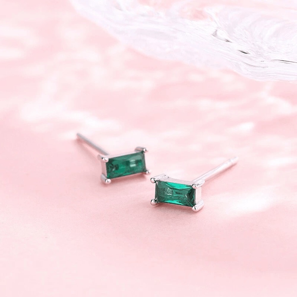 Retro Green Cubic Zirconia CZ Earrings Sterling Silver Studs For Women 2