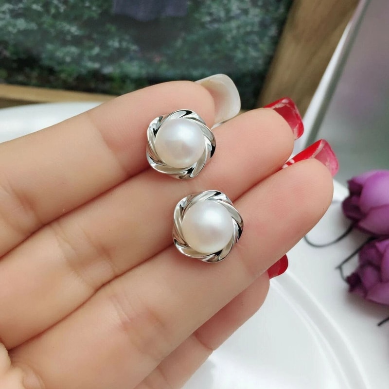 Sterling Silver Earrings For Women Pearls And Rotating Flowers Studs 0