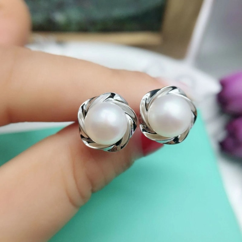 Sterling Silver Earrings For Women Pearls And Rotating Flowers Studs 1