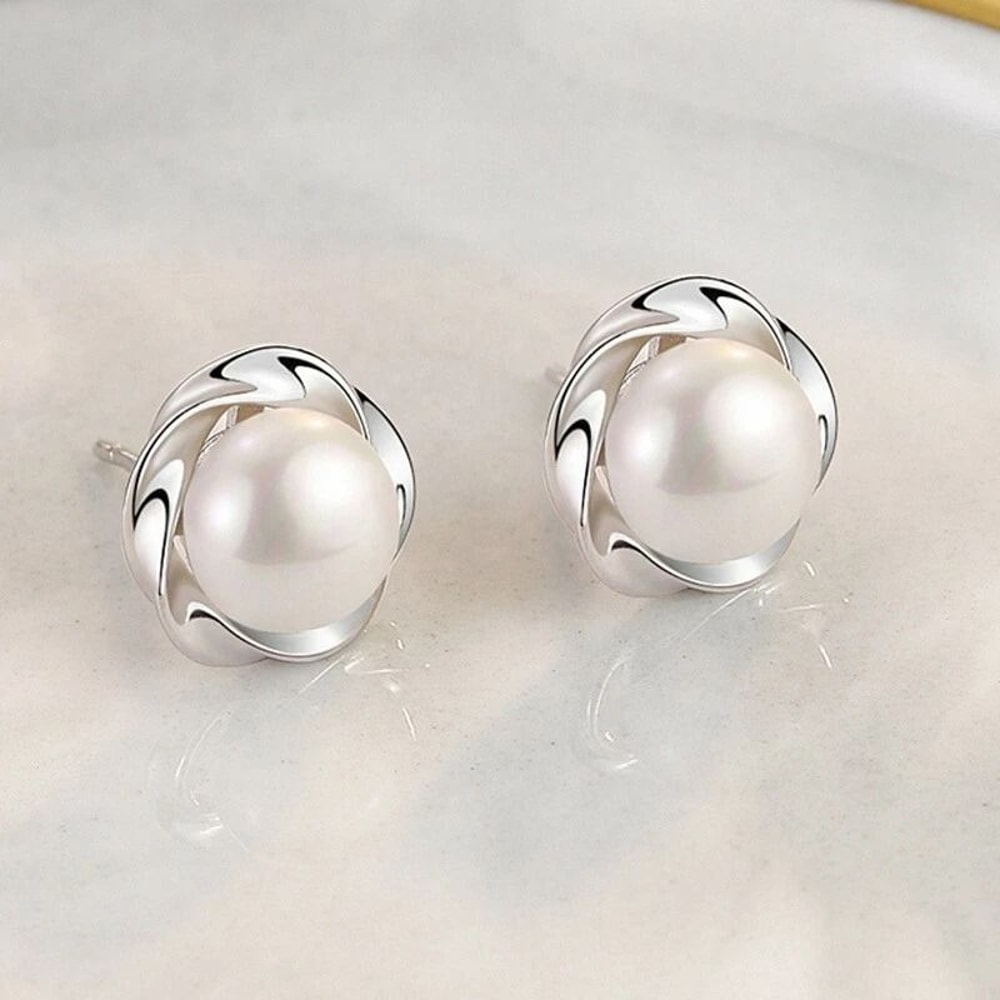Sterling Silver Earrings For Women Pearls And Rotating Flowers Studs 3
