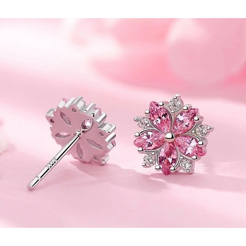 Women Sterling Silver Earrings Crystal Stud Pink Flowers Jewelry 1
