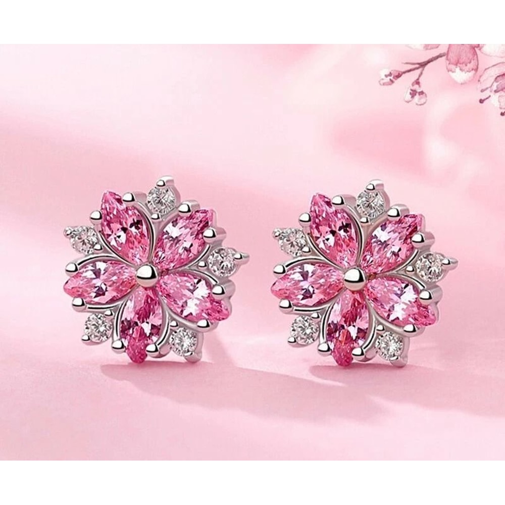 Women Sterling Silver Earrings Crystal Stud Pink Flowers Jewelry 0