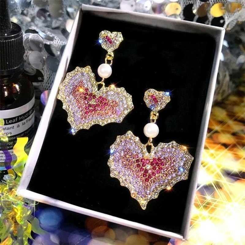 Sterling Silver Crystal Earrings For Women Fashion Colorful Heart Stud Earrings 2