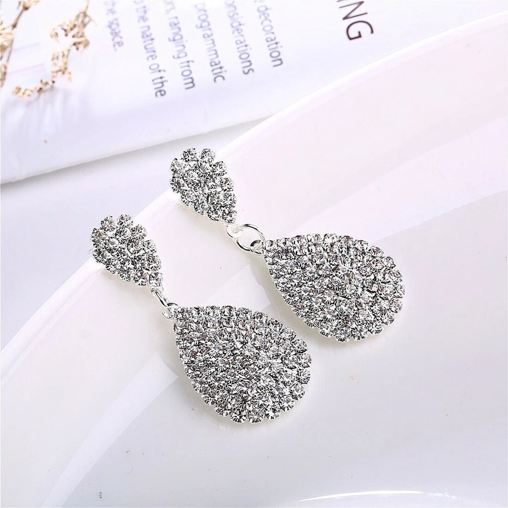 Sterling Silver Earrings For Women Big Oval Crystal Droplets Jewelry 1