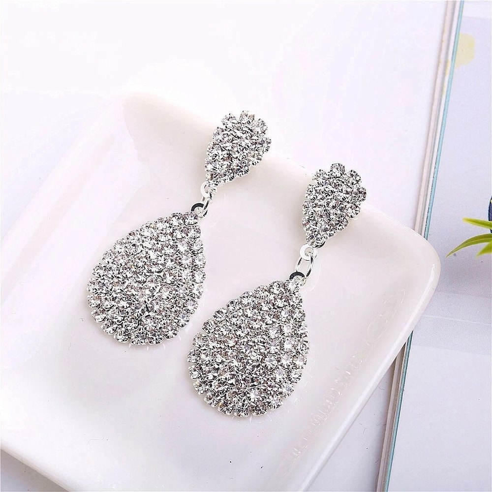 Sterling Silver Earrings For Women Big Oval Crystal Droplets Jewelry 2
