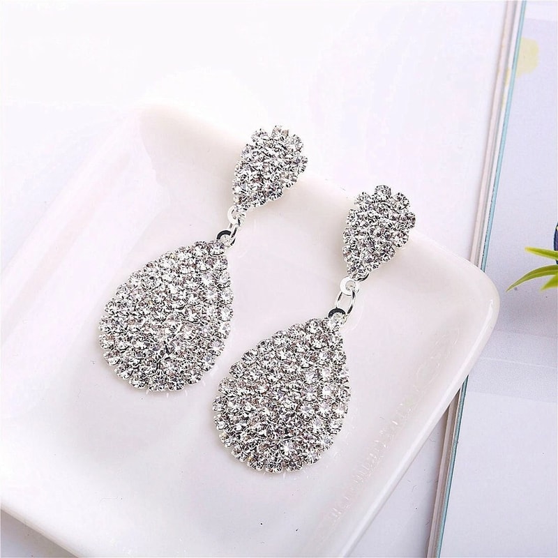 Sterling Silver Earrings For Women Big Oval Crystal Droplets Jewelry 2