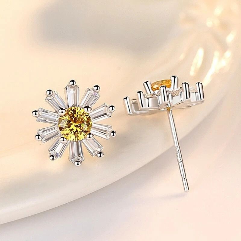 Exquisite Sunflower Earrings Stud Hook Sterling Silver Jewelry For Women 2