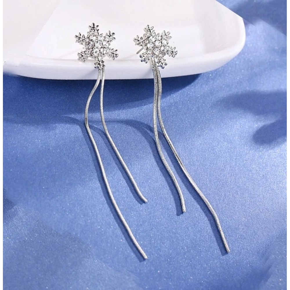 Women Sterling Silver Snowflake Crystal Tassel Earrings Elegant Studs 2
