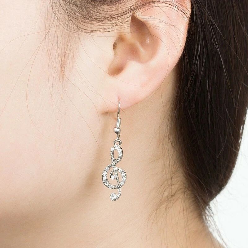 Asymmetric Women Bling Crystal Tassel Earrings Treble Bass Clef Stud Elegant Music Jewelry 2