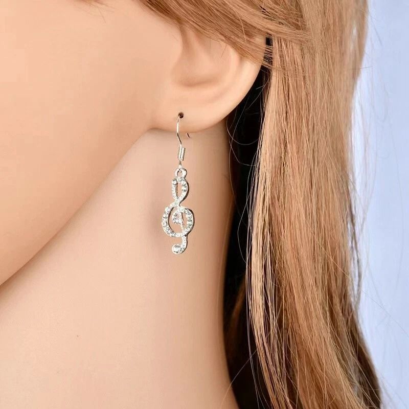 Asymmetric Women Bling Crystal Tassel Earrings Treble Bass Clef Stud Elegant Music Jewelry 3