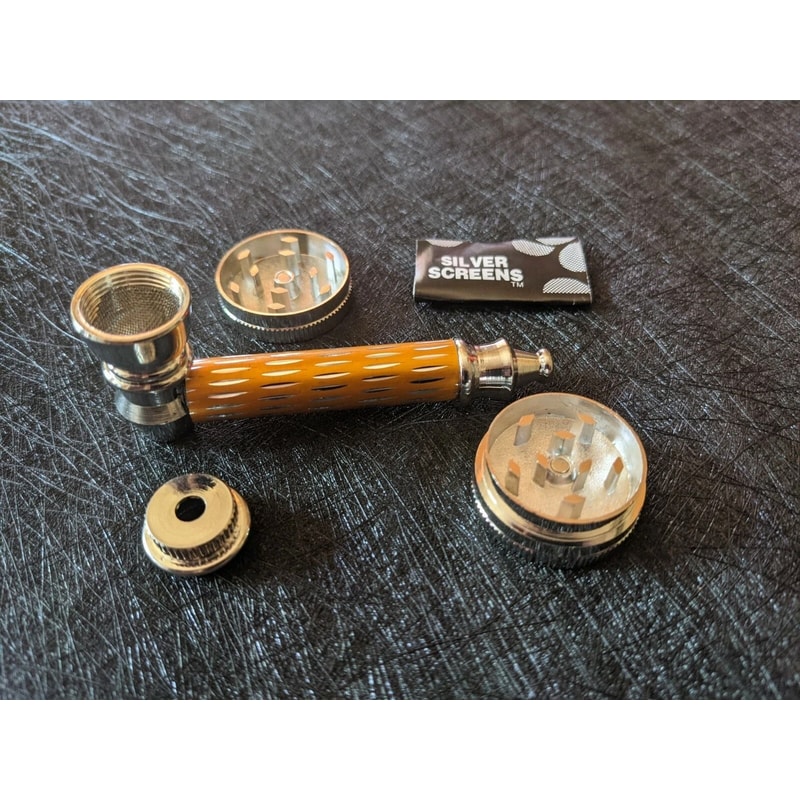 Tobacco Smoking Pipe AllMetal Grinder With Lid Screen Full Set Orange 3