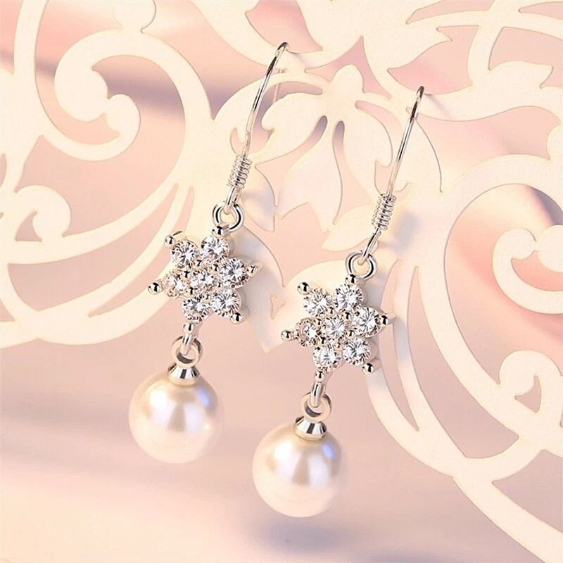 Elegant Tassel Pearls Silver Earrings Bling Stars Stud Women Crystal Jewelry 0