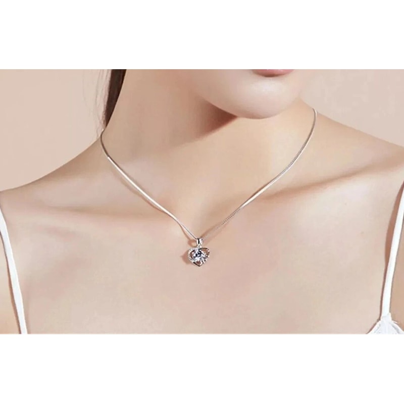 Crystal Heart Love Pendant On Fashion Women Sterling Silver Chain Necklace 0