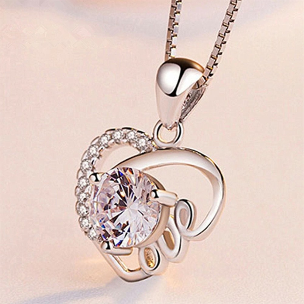 Crystal Heart Love Pendant On Fashion Women Sterling Silver Chain Necklace 1