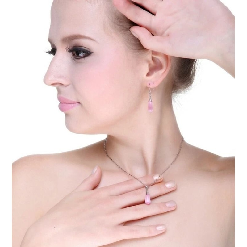 Moonstone Opal Necklace Earrings Tassel Teardrop Jewelry Set For Women 7