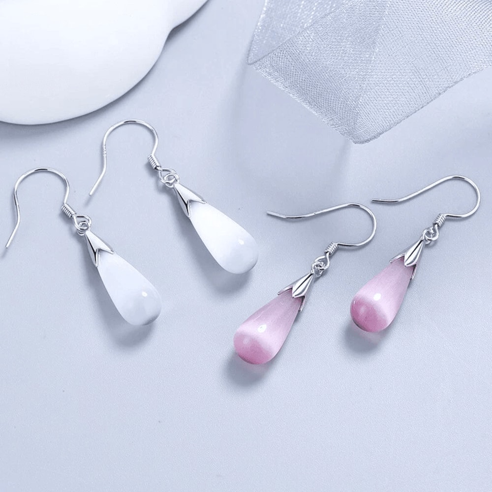 Moonstone Opal Necklace Earrings Tassel Teardrop Jewelry Set For Women 0