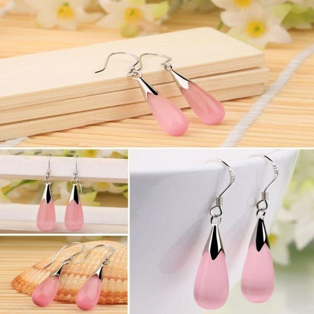 Moonstone Opal Necklace Earrings Tassel Teardrop Jewelry Set For Women 3