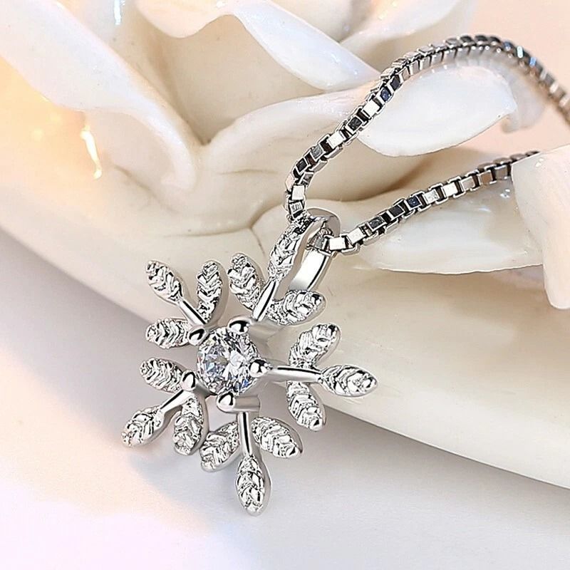 Crystal Leaf Texture Necklace For Women Sterling Silver Snowflakes Pendant 1
