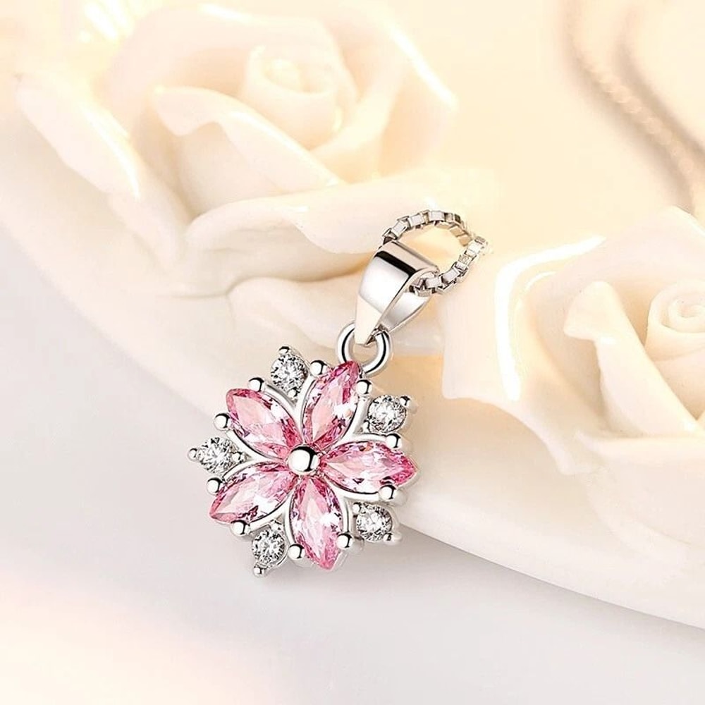 Elegant Women Sterling Silver Necklace Pink Crystal Blossom Flowers 0