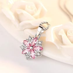 elegant women sterling silver necklace, pink crystal blossom flowers