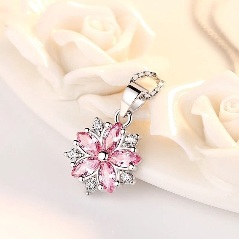 Elegant Women Sterling Silver Necklace Pink Crystal Blossom Flowers 0
