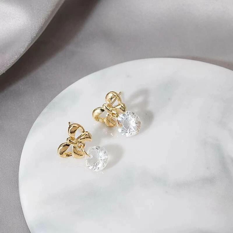 Gold Butterfly Bow Stud Earrings Fashion Women Crystal Jewelry Simple Style 0968 1