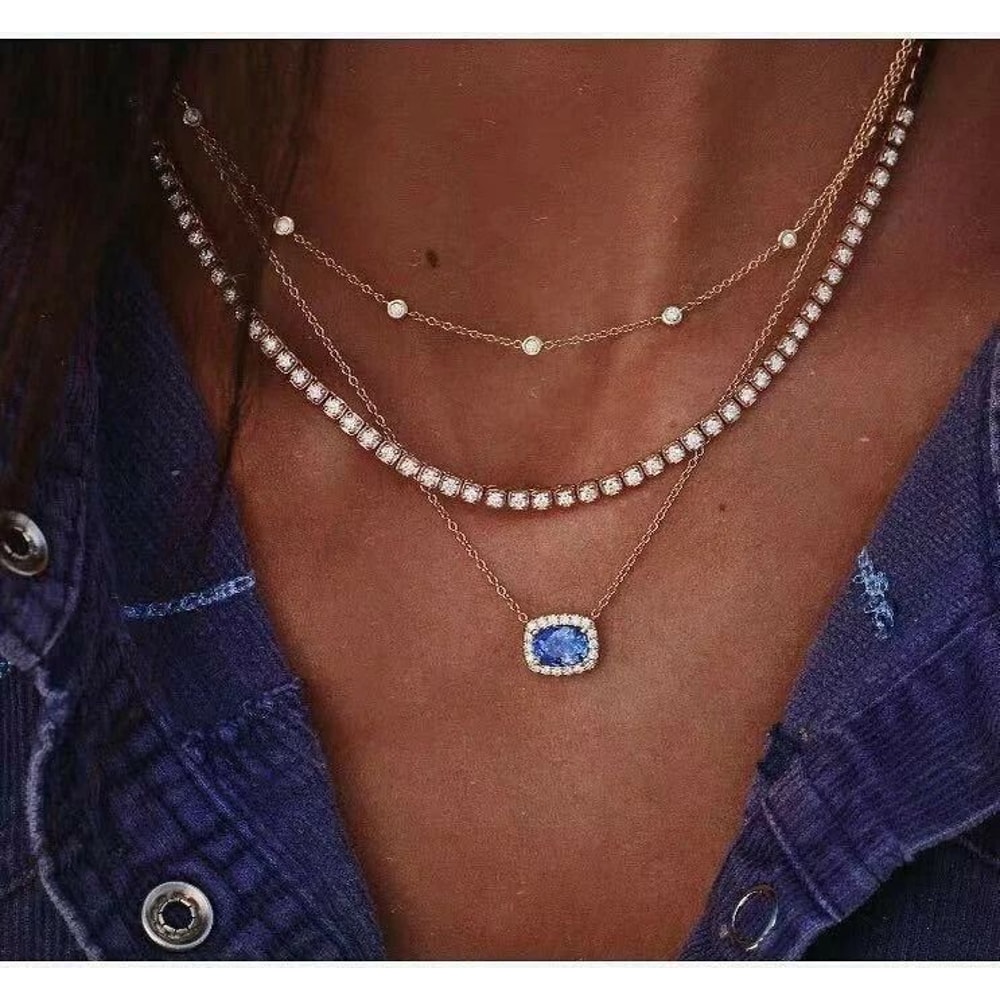 Layered Bling Chain Necklace Women Fashion Jewelry Crystal Blue Pendant 0