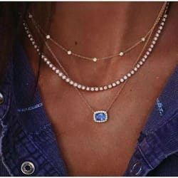 layered bling chain necklace, women fashion jewelry, crystal blue pendant