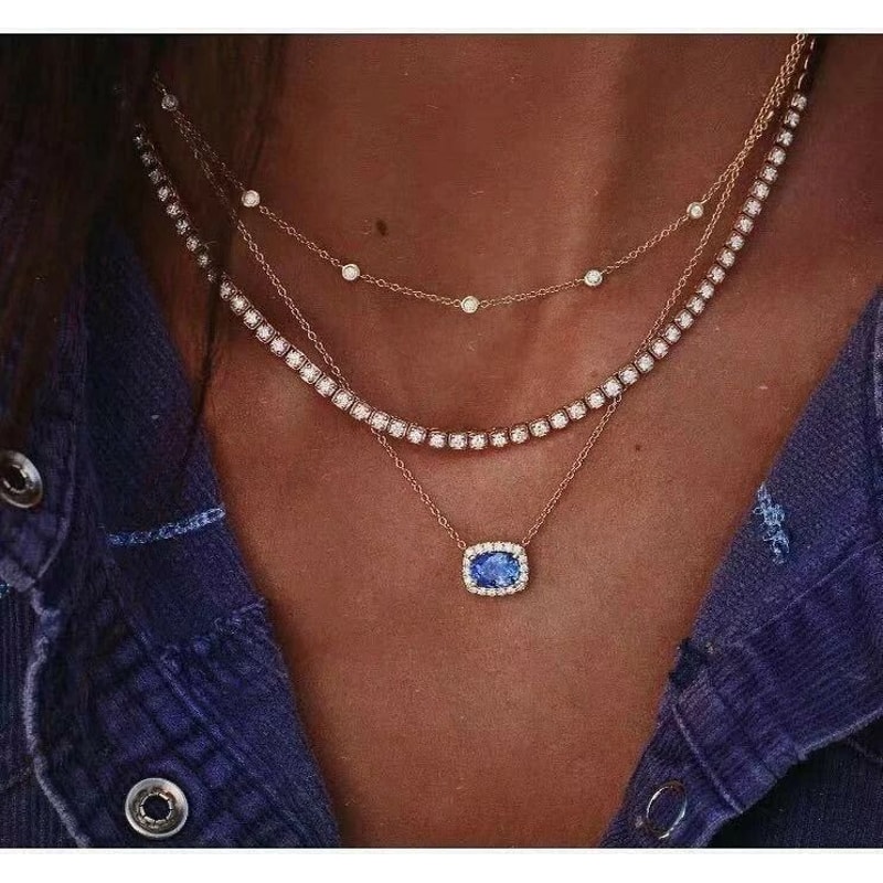 Layered Bling Chain Necklace Women Fashion Jewelry Crystal Blue Pendant 0