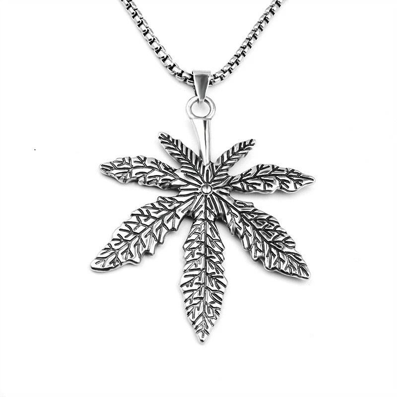 3D Large Cannabis Marijuana Leaf Pendant Necklace For Men In Stainless Steel 3