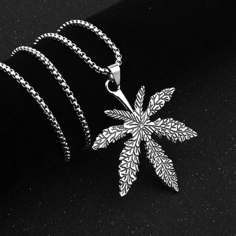 3D Large Cannabis Marijuana Leaf Pendant Necklace For Men In Stainless Steel 1