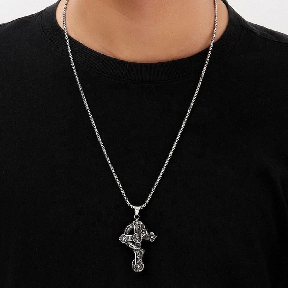 Retro Diablo Dragon Skull Cross Pendant Men Stainless Steel Chain Necklace 0
