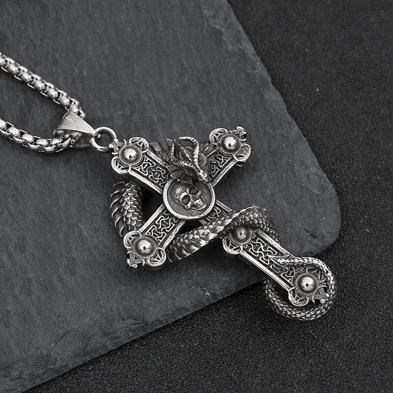 Retro Diablo Dragon Skull Cross Pendant Men Stainless Steel Chain Necklace 1