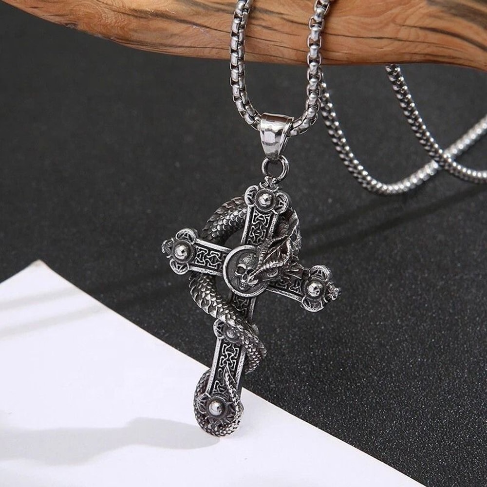 Retro Diablo Dragon Skull Cross Pendant Men Stainless Steel Chain Necklace 2