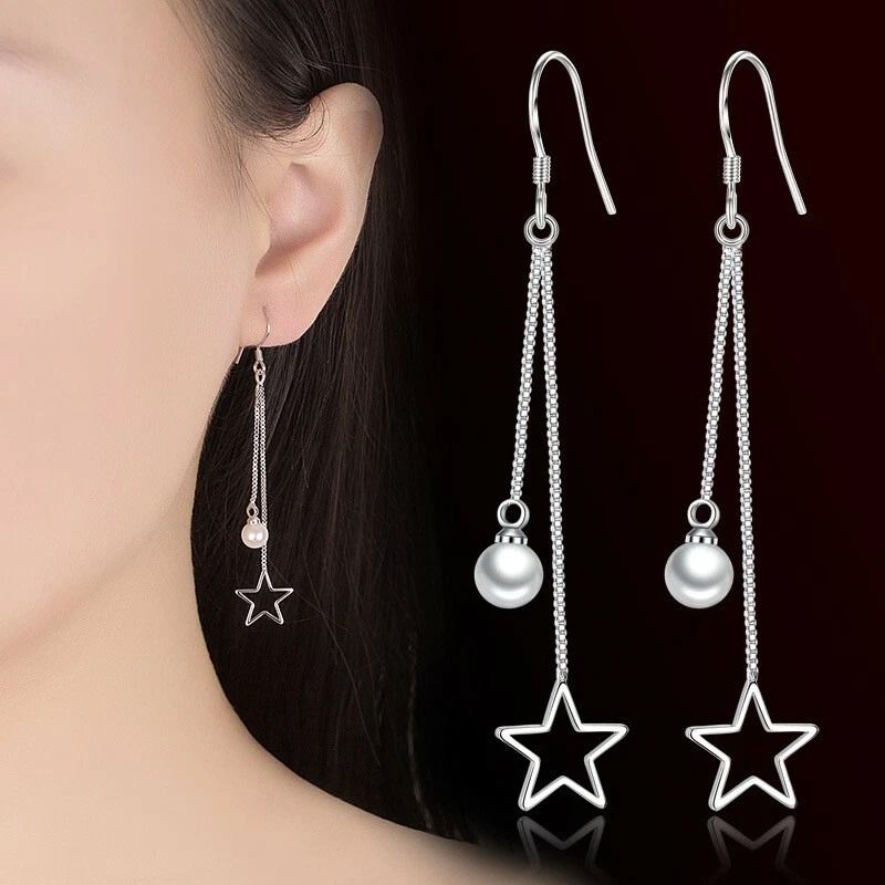 Elegant Tassel Pearl Earrings In Sterling Silver With Hollow Star Design 1