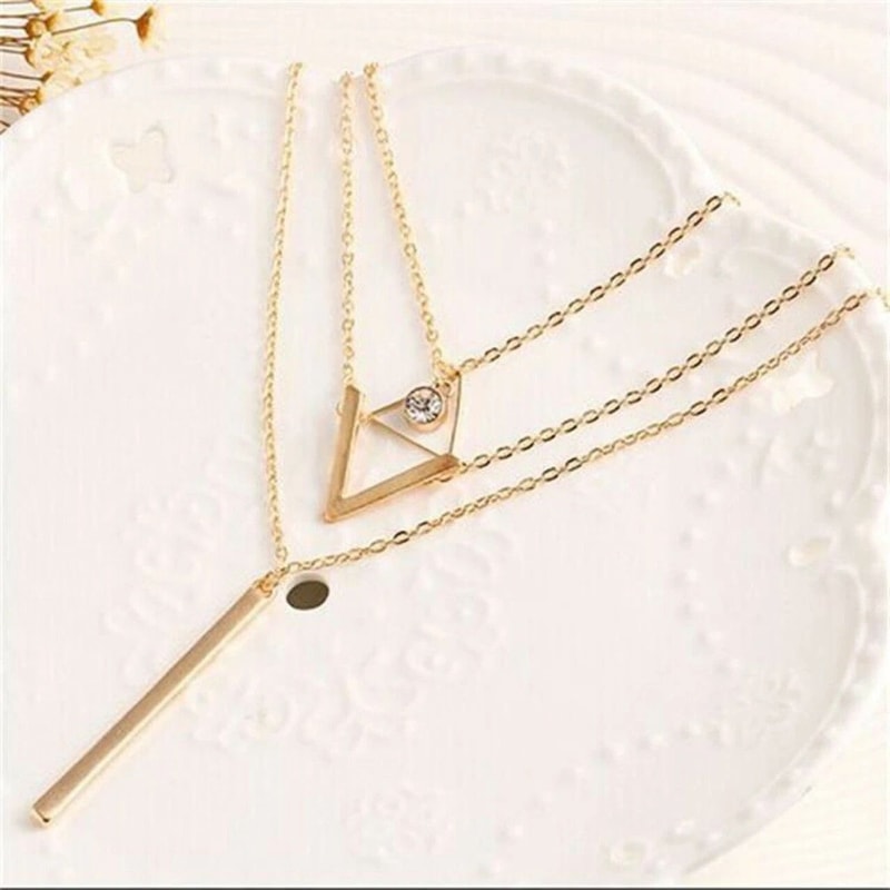Layered Crystal Necklace For Women V Letter Choker Pendant Triangle Line Design 2