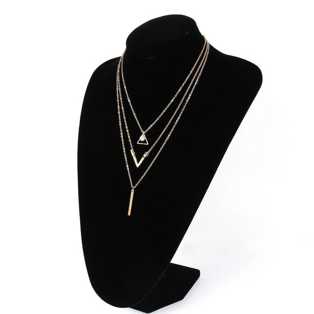Layered Crystal Necklace For Women V Letter Choker Pendant Triangle Line Design 4