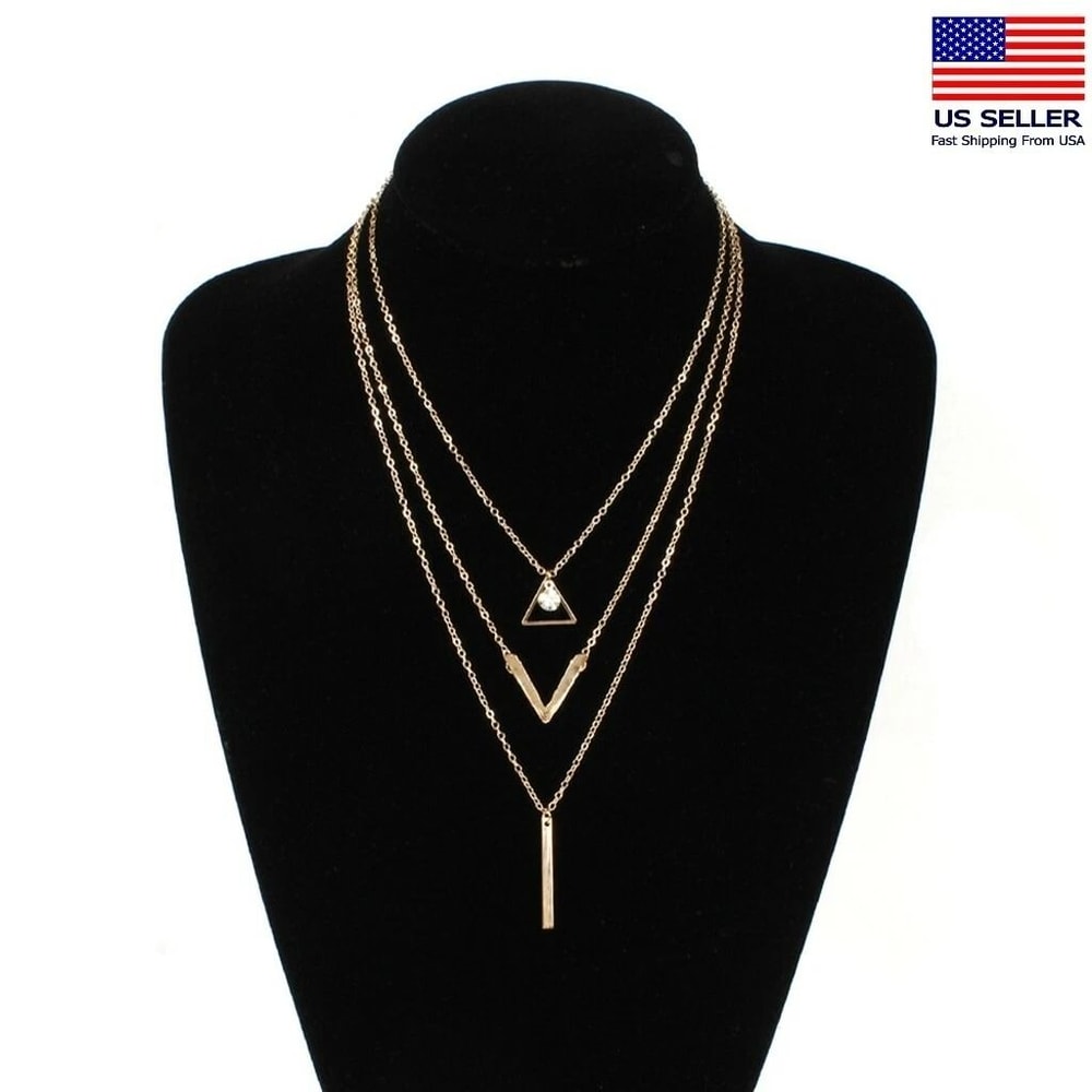 Layered Crystal Necklace For Women V Letter Choker Pendant Triangle Line Design 5
