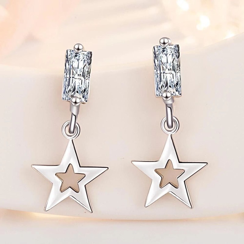 Sterling Silver Earrings For Women Cubic Zirconia Star Tassel Studs 2