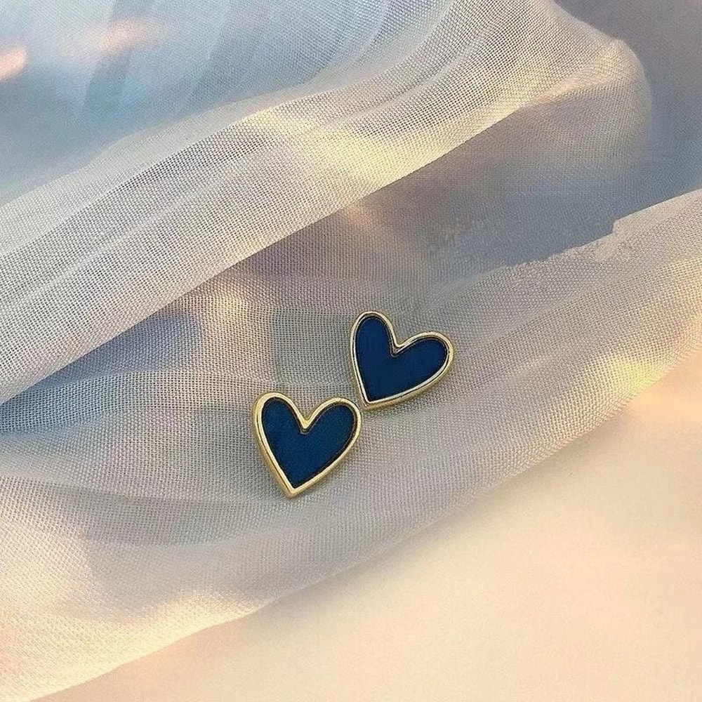 Sterling Silver Earrings Fashion Women Blue Glazed Heart French Style 2