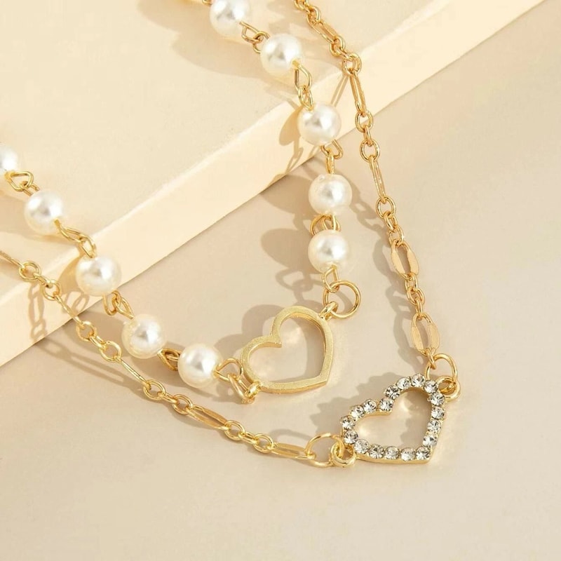 Fashion Women Faux Pearl Necklace With Crystal Heart Pendant Elegant Double Design 2