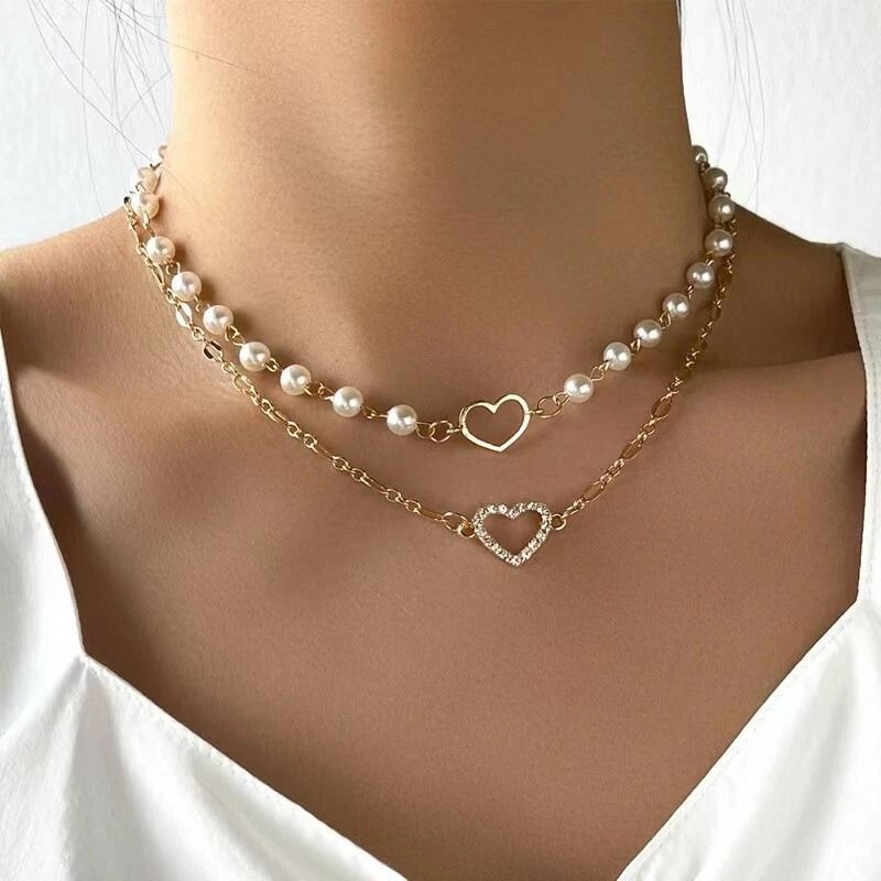 Fashion Women Faux Pearl Necklace With Crystal Heart Pendant Elegant Double Design 0